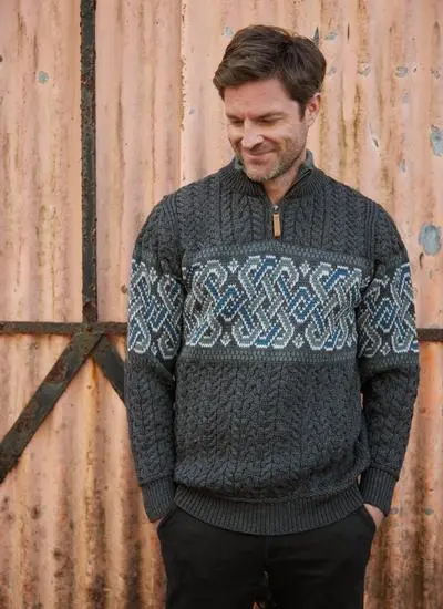 Jacquard Quarter Zip Aran Sweater